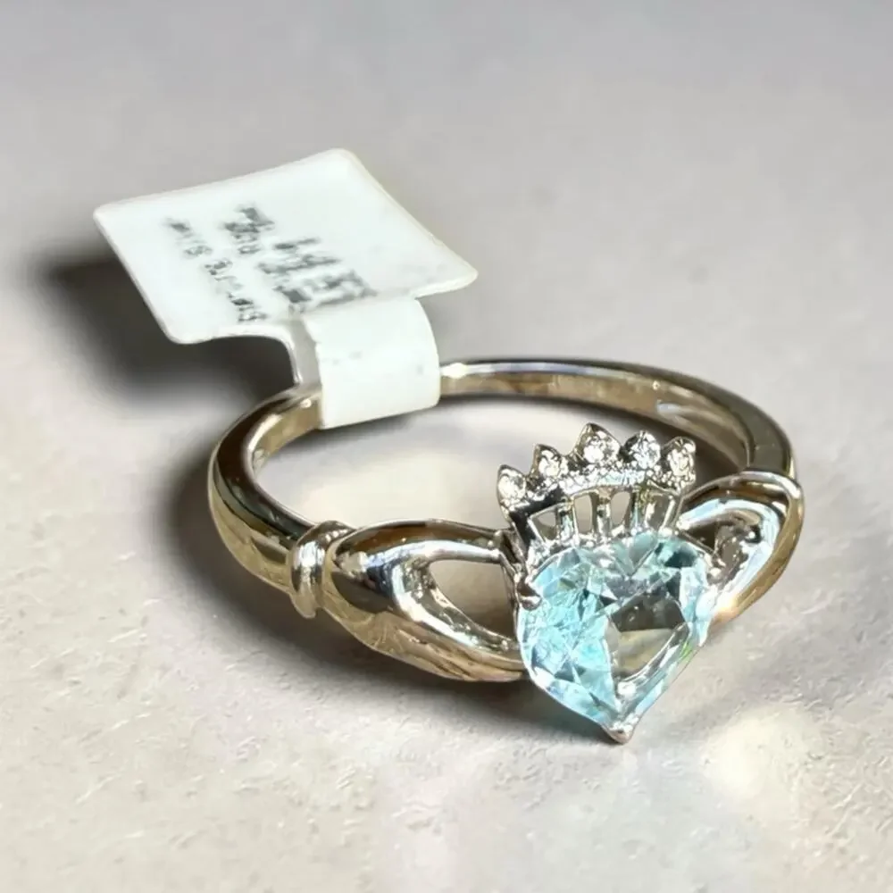 Blue Topaz Diamond Claddagh Ring 925 Sterling Silver Size 7 Love Loyalty Crown